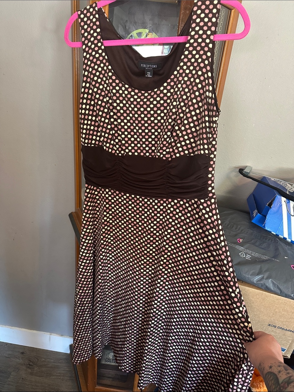 Perceptions Brown Midi Dress with Cream and Pink Polka Dots